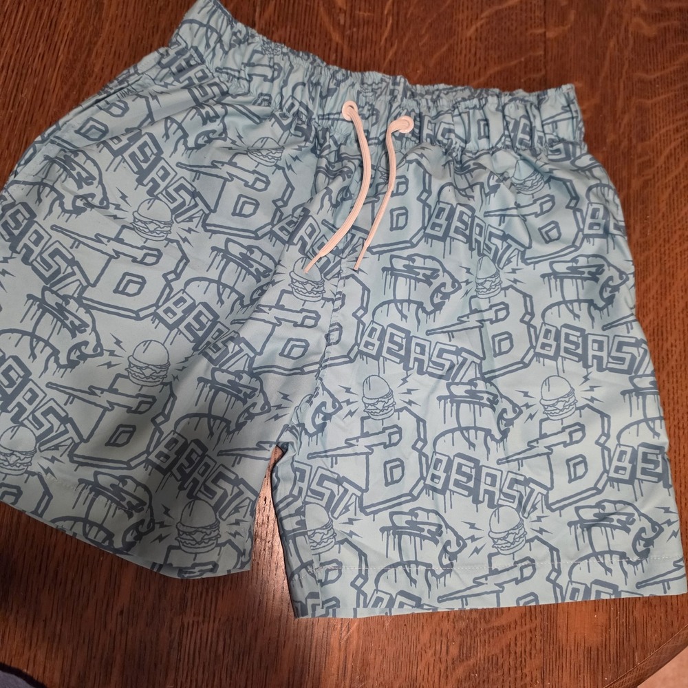 Mr. Beast "Graffiti Beast" Mens Size Small Swim Trunks Teal Blue Drawstring Icon